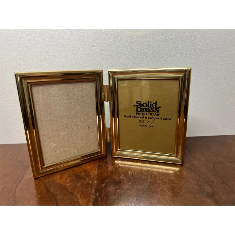 Solid Brass Photo Frame Double Hinged Folding Gold Vintage 3.5x5 Picture Frame